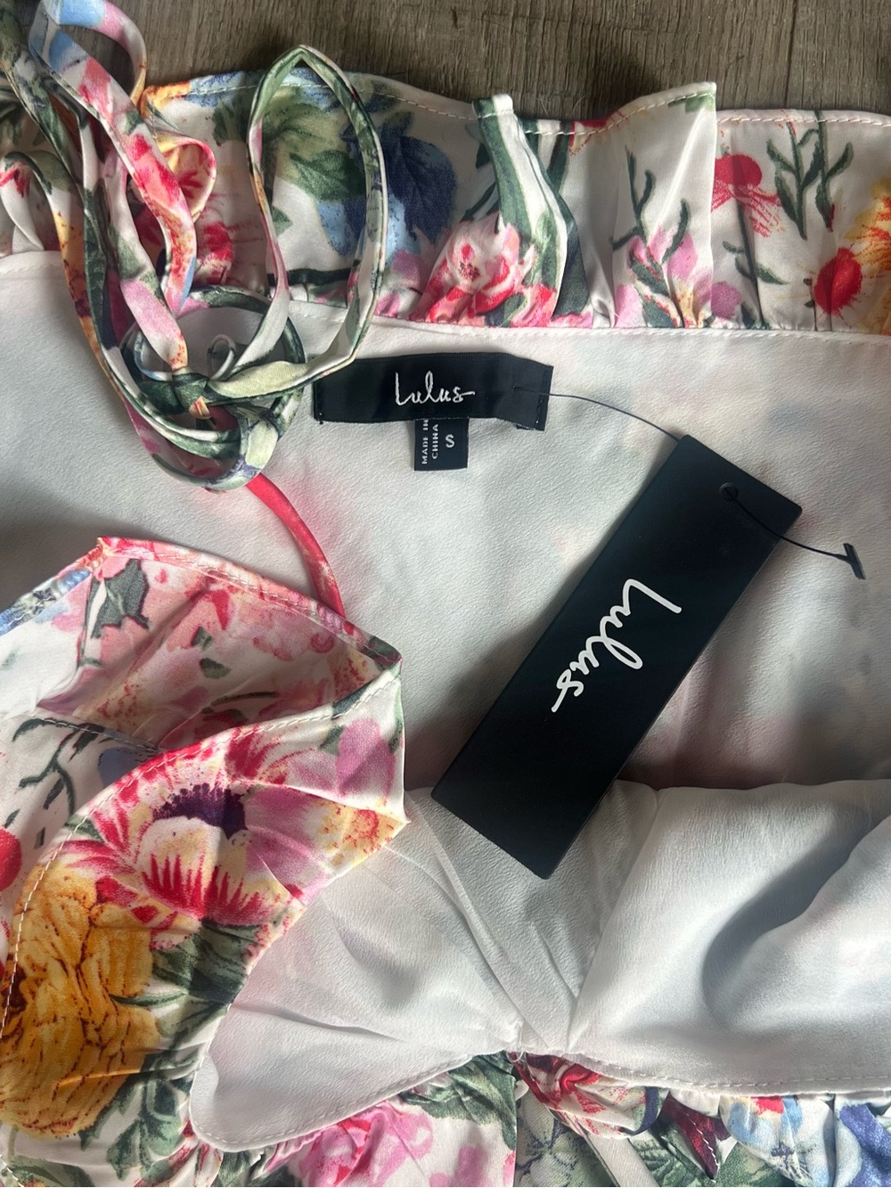 NWT Lulus Clelia Ivory Multi Floral Satin Ruffled Tie-Strap Midi Dress - Picture 4 of 5